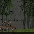 Garden Landscape With Bamboo Plants Light Colored Wall Decorative Bench Green Grass And Sunlight Shadows