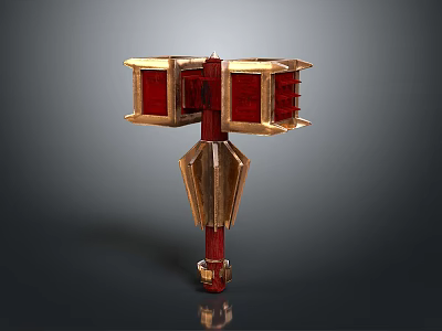 Ornate Red And Gold Hammer Weapon With Intricate Metal Panels And Craftsmanship 3d model