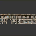 Ancient European Style Building With Arched Door Brick Red Exterior And Reflection On Gray Background