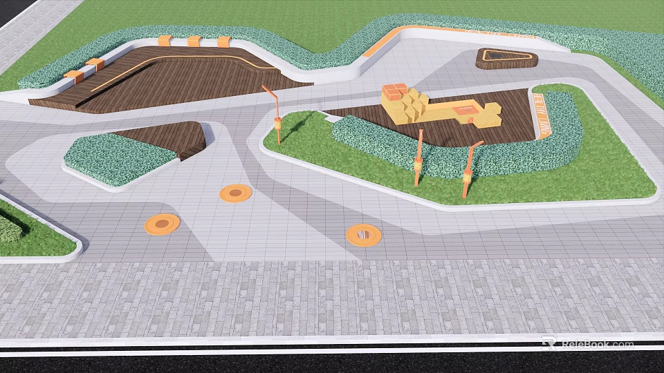 Park Landscape Design With Gray Stone Paths Green Lawns Orange Decorations And Curved Borders 3d model 