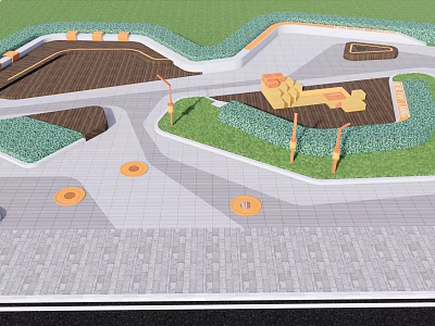 Park Landscape Design With Gray Stone Paths Green Lawns Orange Decorations And Curved Borders 3d model