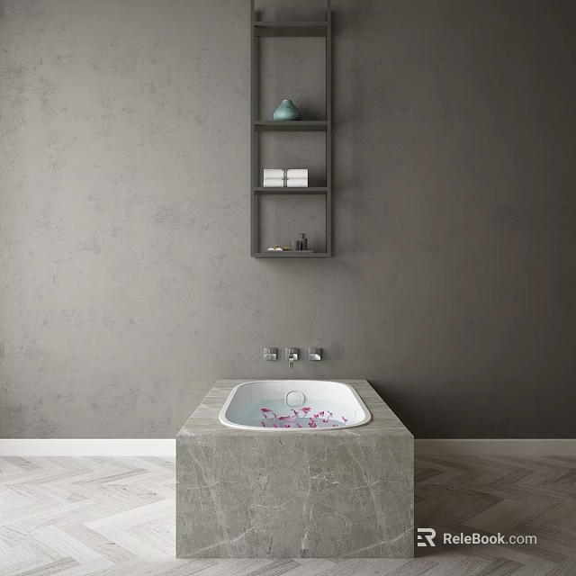 Marble Square Bathtub With Flower Petals Gray Wall Mounted Shelf Vase Towels And Wooden Floor 3d model 