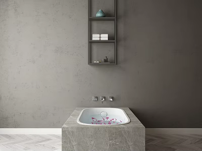 Marble Square Bathtub With Flower Petals Gray Wall Mounted Shelf Vase Towels And Wooden Floor 3d model