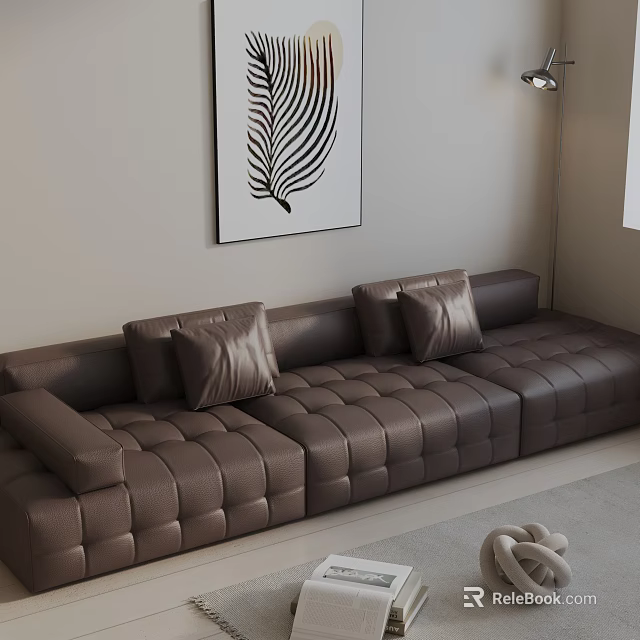 Modern Luxurious Brown Leather Three-Seater Sofa With Cushions Decorative Painting And Wall Lamp 3d model 