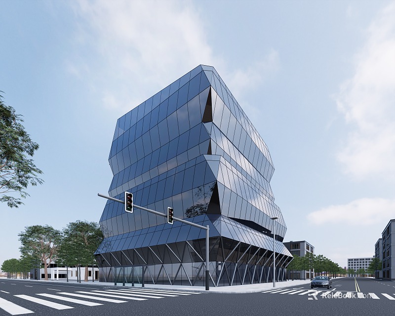 Modern Glass Facade Office Building With Unique Geometric Design In Urban Street 3d model 