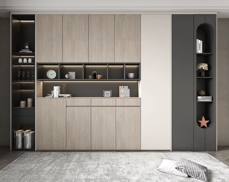 Modern Dining Room Sideboard With Wooden Gray Panels Open Shelves And Lighting 3d model 