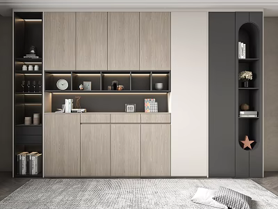Modern Dining Room Sideboard With Wooden Gray Panels Open Shelves And Lighting 3d model