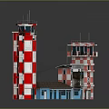 Red and white checkered towers and small building with blue windows connected by wires