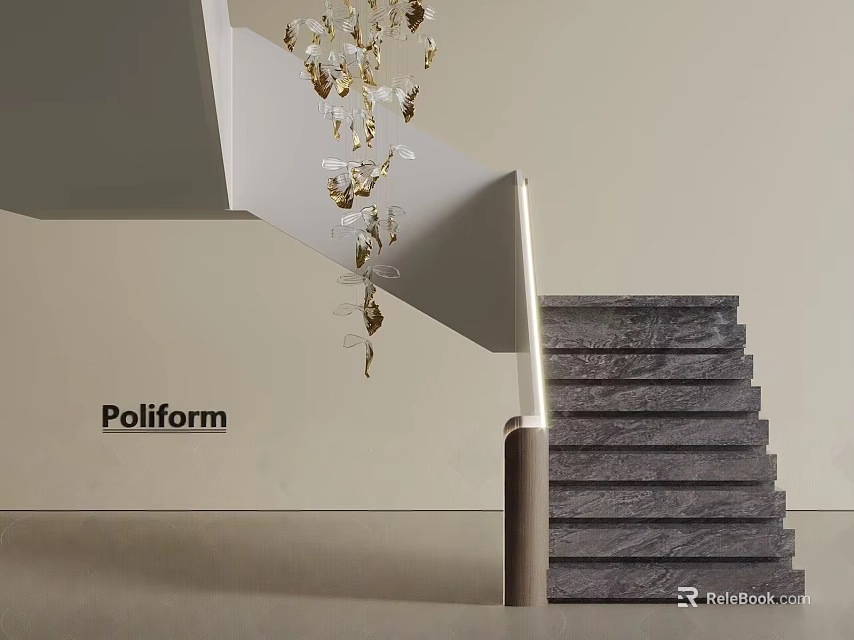 Modern Poliform Staircase Design With Stone Steps And Crystal Chandelier 3d model 