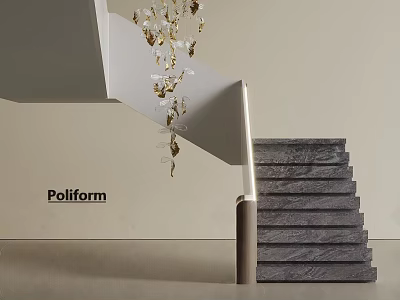 Modern Poliform Staircase Design With Stone Steps And Crystal Chandelier 3d model