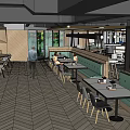 Modern Restaurant Interior Design With Wooden Booths Green Seating Herringbone Floor And Natural Landscape Wall