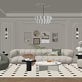 Modern Neutral Living Room Interior With Curved Sofa Geometric Rug And Crystal Chandelier