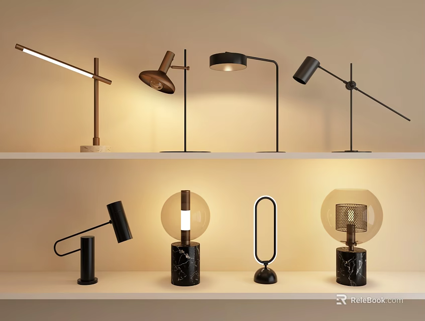 Modern Desk Lamps With Various Designs Materials And Colors Displayed On Shelves 3d model 
