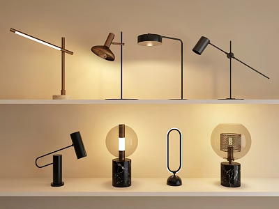 Modern Desk Lamps With Various Designs Materials And Colors Displayed On Shelves 3d model