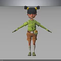 Playful 3D Cartoon Character With Bun Hairstyle Green Shirt Orange Shorts And Chest Badge