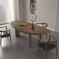Wooden Oval Dining Table with Black Leather Chairs Fruit Plate and Green Plant Vase