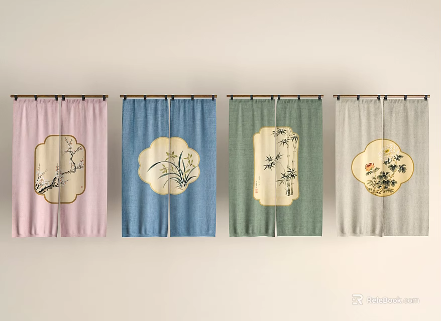 Colorful Kitchen Curtains Featuring Chinese Style Bamboo And Bird Patterns For Home Decor 3d model 