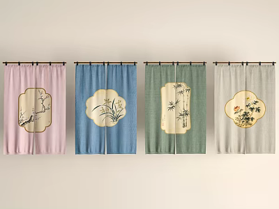 Colorful Kitchen Curtains Featuring Chinese Style Bamboo And Bird Patterns For Home Decor 3d model