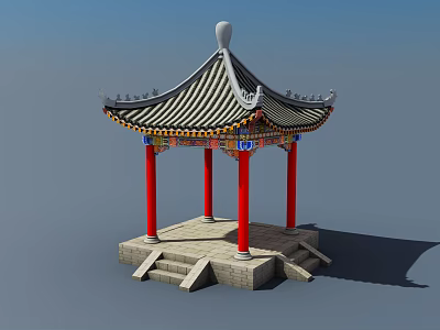 Traditional Chinese Pavilion With Tiled Roof Red Pillars And Stone Base Steps 3d model