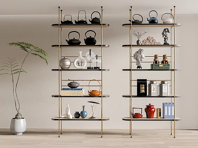 Modern Multi Layered Metal Shelves Displaying Elegant Tea Sets And Decorative Items 3d model
