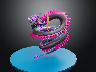 Purple Pink Dragon with Spikes Coiled on Blue Platform Display Model 3d model