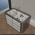 Modern Decorative Cabinet with White Drawers Displaying Jewelry Accessories and Flower Arrangement in Illuminated Compartments