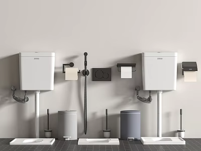 Modern Bathroom Interior With Two Toilets Gray Trash Bins And Toilet Paper Holders 3d model