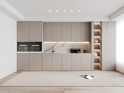 Modern Wine Cabinet with Gray Cabinets Marble Countertop Built-in Appliances and Lighting 3d model