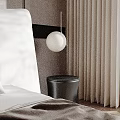 Modern Metal Cylindrical Bedside Table With White Spherical Pendant Light Beige Curtains And Grey Headboard