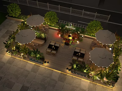 Outdoor Restaurant Terrace With Wooden Deck Green Plants Umbrellas Seating And Ambient Lighting 3d model