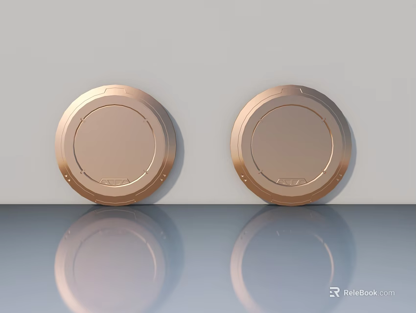 Two Copper Colored Flush Doors Mounted on Light Colored Wall with Reflective Floor 3d model 