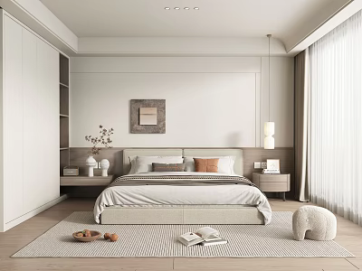 Modern Minimalist Bedroom Interior With King Bed Pillows Nightstands Wall Art And Wardrobe 3d model