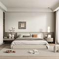 Modern Minimalist Bedroom Interior With King Bed Pillows Nightstands Wall Art And Wardrobe
