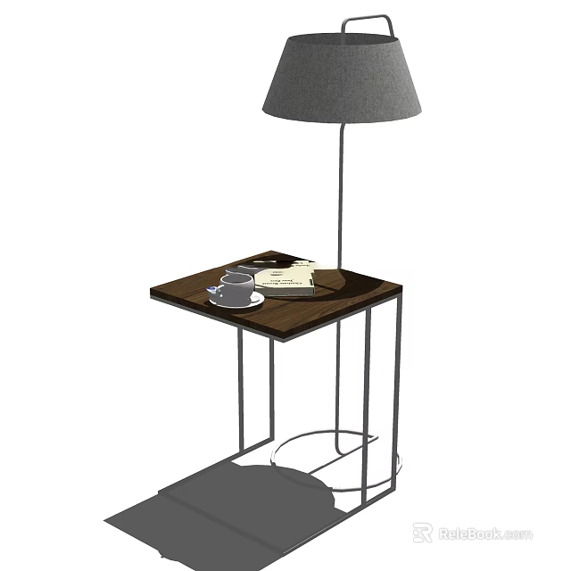 Sleek Modern Side Table With Wooden Top Metal Frame Lamp And Coffee Cup 3d model 