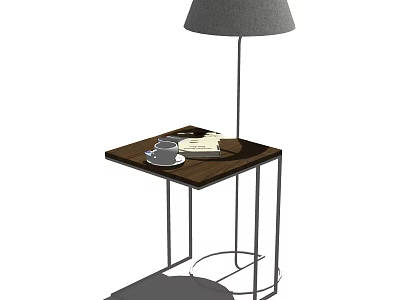 Sleek Modern Side Table With Wooden Top Metal Frame Lamp And Coffee Cup 3d model