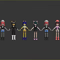 Colorful Cartoon Characters With Various Costumes Standing In A Row With Reflections