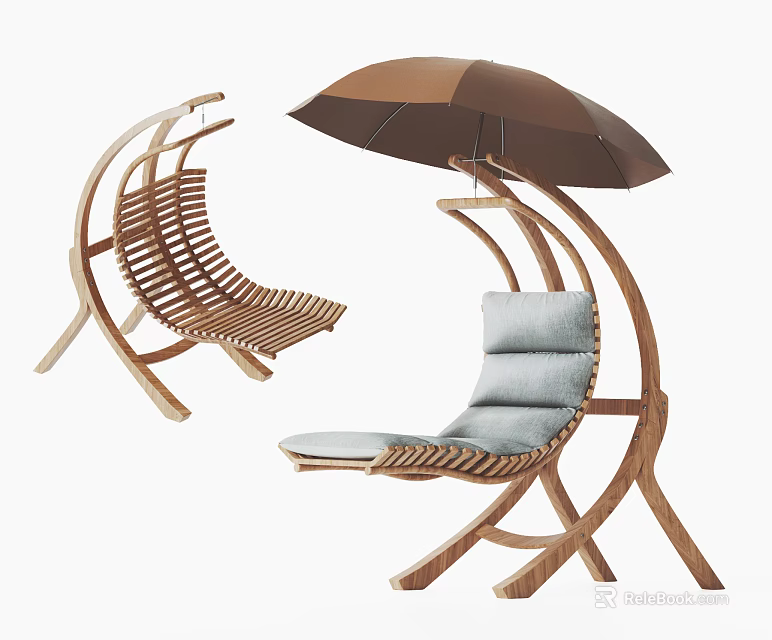 Relaxing Outdoor Wooden Hanging Chair With Umbrella Soft Cushion And Curved Design 3d model 