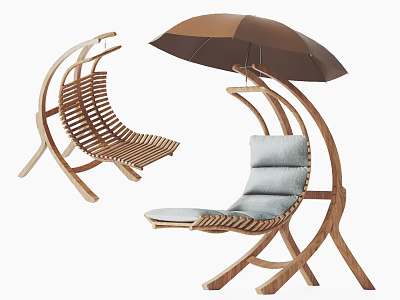 Relaxing Outdoor Wooden Hanging Chair With Umbrella Soft Cushion And Curved Design 3d model