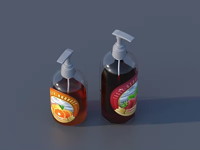 Ceramic Dispenser Bottles with Pump and Fruit Labels Holding Colored Liquid 3d model