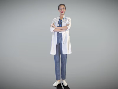 Female Doctor in White Coat and Blue Scrubs Standing with Crossed Arms on Gray Background 3d model