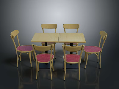 Dining Furniture Set With Light Wood Rectangular Table And Six Beige Chairs With Pink Seats 3d model