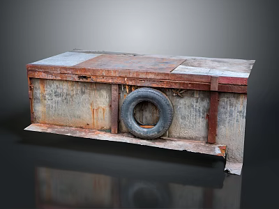Old Rusty Metal Watercraft With Flat Top Side Tire And Weathered Structure 3d model