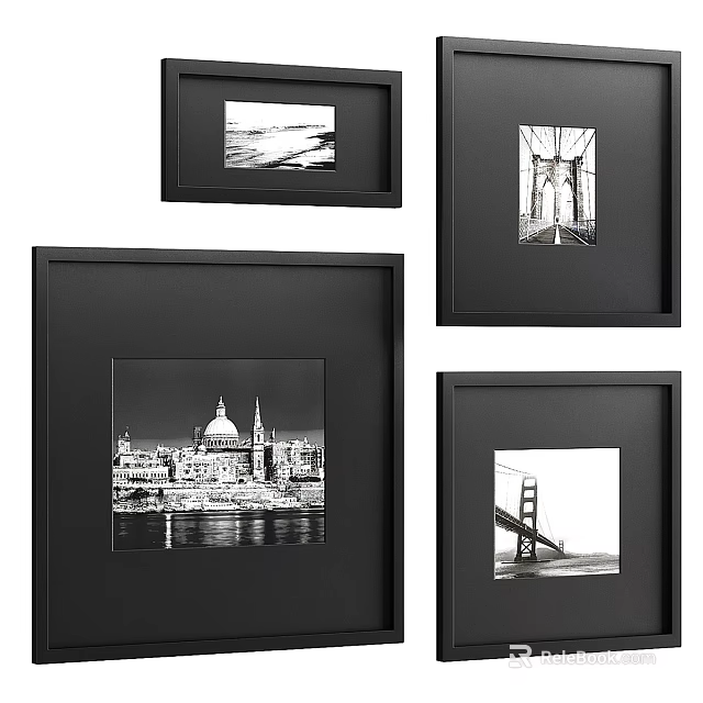 Set of Black Photo Frames with Modern Design Featuring Cityscape and Bridge Prints 3d model 