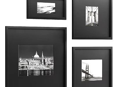 Set of Black Photo Frames with Modern Design Featuring Cityscape and Bridge Prints 3d model