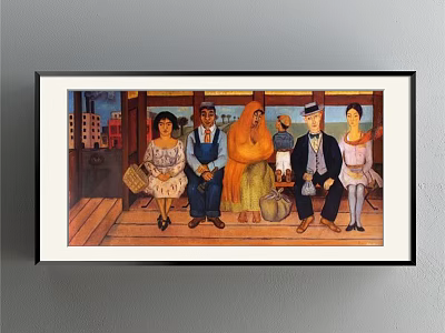 Vintage Group Portrait Painting With Five Figures In Colorful Attire And Urban Background 3d model