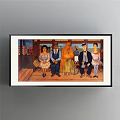 Vintage Group Portrait Painting With Five Figures In Colorful Attire And Urban Background