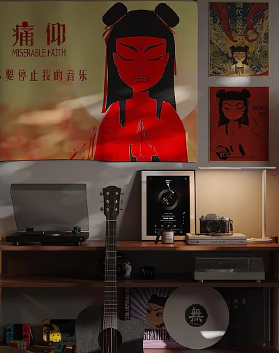 Stylish Study Room Interior With Vinyl Record Player Guitar Posters Table Lamp And Camera 3d model