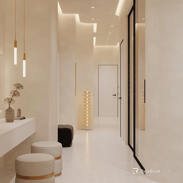 Modern Light Colored Entryway With Mirror Pendant Lights Stools And Vase 3d model