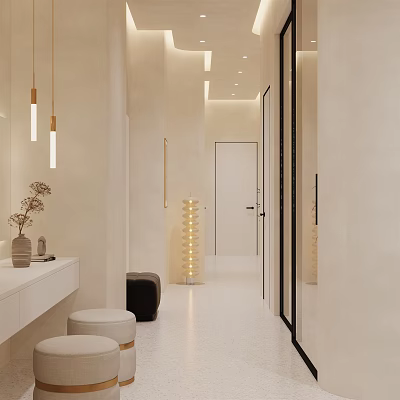 Modern Light Colored Entryway With Mirror Pendant Lights Stools And Vase 3d model
