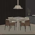 White Entertainment Table With Four Beige Chairs Hanging Lamp Dark Wall And Patterned Cabinet Decor